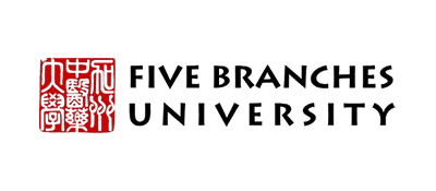 A green background with the words five branches university written in black.